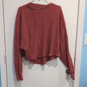 Free People We The Free Red Oversized Distressed Waffle Knit Sweater Size Large